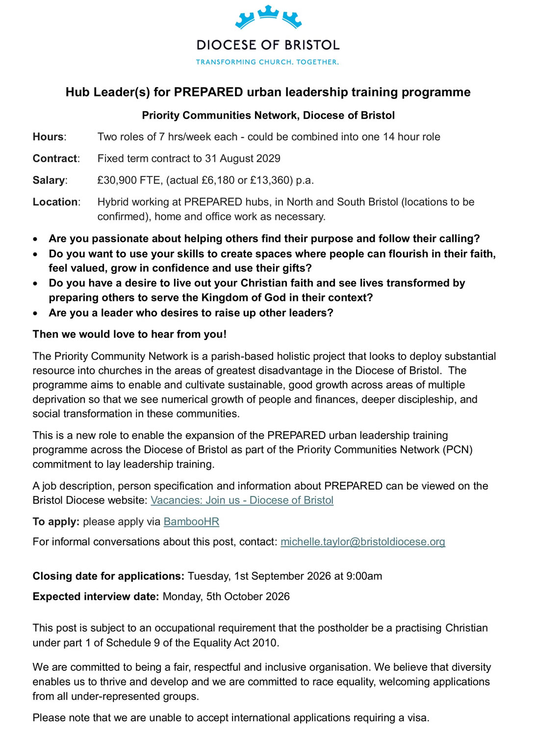 Advert - Hub Leader(s) for PRE